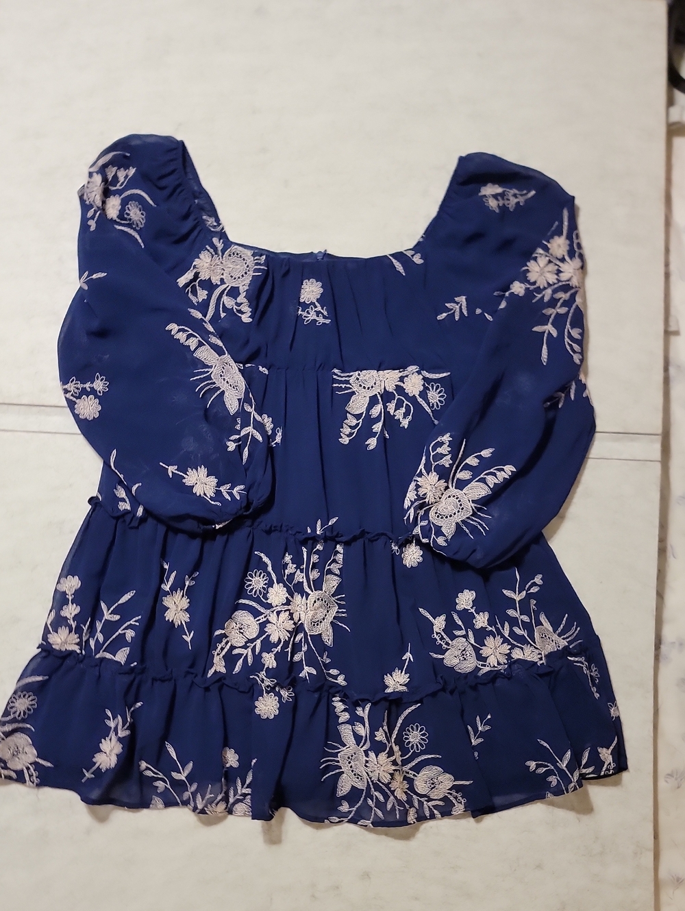 Altard State Lilia Navy Blue Floral Embroidered Tiered Babydoll Mini Dress XS